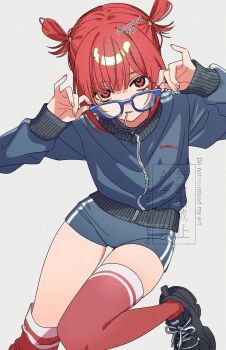 1girl absurdres adjusting_eyewear blue-framed_eyewear blue_jacket blue_shorts candy cowboy_shot food glasses green_nails grey_background highres jacket kitou_saji lollipop long_sleeves looking_at_viewer mouth_hold nail_polish original red_eyes red_hair red_thighhighs short_hair short_shorts shorts simple_background single_thighhigh solo thighhighs track_jacket watermark zipper zipper_pull_tab