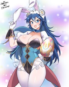 1girl animal_ears animal_hat blue_eyes blue_hair blush breasts cleavage easter_egg egg fake_animal_ears fire_emblem fire_emblem_awakening fire_emblem_heroes gloves hat holding holding_egg jarckius large_breasts long_hair looking_at_viewer lucina_(fire_emblem) lucina_(spring_exalt)_(fire_emblem) nintendo official_alternate_costume open_mouth pantyhose playboy_bunny rabbit_ears rabbit_hat smile solo white_pantyhose