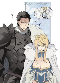 Rule 34 | 0304rong0304, 1boy, 1girl, absurdres, agravain (fate), armor, artoria pendragon (fate), artoria pendragon (lancer) (fate), aunt and nephew, black hair, blonde hair, breastplate, breasts, cape, cleavage, commentary request, crown, fate/grand order, fate (series), full armor, green eyes, highres, korean commentary, large breasts, lion king (lancer) (fate), medium hair, short hair, twitter username, white cape