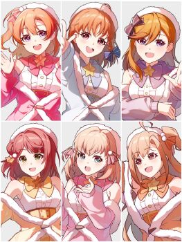 Rule 34 | 6+girls, ahoge, aqua eyes, bare shoulders, blue bow, blue bowtie, blue jacket, blue skirt, bow, bowtie, braid, breasts, brooch, bun with braided base, center frills, column lineup, commentary request, finger gun, frilled shirt, frills, fur-trimmed jacket, fur hat, fur trim, green eyes, grid lineup, hair bun, hat, high-waist skirt, highres, hinoshita kaho, ikizulive! love live! bluebird, jacket, jewelry, kosaka honoka, link! like! love live!, long hair, love live!, love live! nijigasaki high school idol club, love live! school idol project, love live! sunshine!!, love live! superstar!!, medium breasts, medium hair, multiple girls, off shoulder, one side up, orange bow, orange bowtie, orange hair, orange jacket, orange skirt, pink bow, pink bowtie, pink eyes, pink hair, pink jacket, pink skirt, purple bow, purple bowtie, purple eyes, purple jacket, round teeth, ruoguiling, shibuya kanon, shirt, single side bun, skirt, sleeveless, sleeveless shirt, star brooch, takahashi polka, takami chika, teeth, trait connection, uehara ayumu, white hat, white shirt, yellow bow, yellow bowtie, yellow jacket, yellow skirt