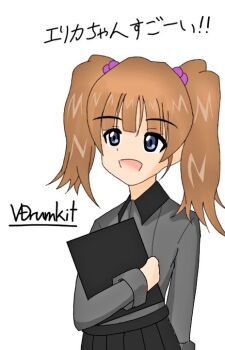 Rule 34 | 1girl, artist request, black hat, black jacket, black skirt, blue eyes, brown hair, garrison cap, girls und panzer, girls und panzer phase erika, grey shirt, hair tie, hat, jacket, kuromorimine military uniform, kuromorimine school uniform, long hair, miniskirt, orange hair, red skirt, rou leila, school uniform, shirt, skirt, twintails