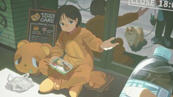 3others androgynous bag black_eyes black_hair bottle chicken_(food) chicken_leg chinese_commentary chopsticks closed_mouth commentary_request dog food food_on_face full_body highres holding holding_bottle indian_style jiankun_yu leash looking_at_viewer mascot_costume mascot_head multiple_others original outdoors pet plastic_bag plastic_bottle pov pov_hands rice rice_on_face short_hair sitting water_bottle