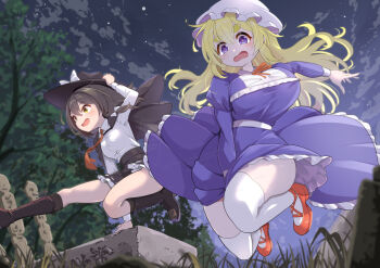 2girls alternate_breast_size_(larger) black_capelet black_hat black_skirt blonde_hair boots bow breasts brown_boots brown_eyes brown_hair capelet cloud collared_shirt commentary_request dress dress_tug frilled_skirt frills futa_(nabezoko) grass hair_bow hat hat_bow knee_boots large_breasts long_hair long_sleeves maribel_hearn mob_cap multiple_girls neck_ribbon necktie night night_sky open_mouth outdoors purple_dress purple_eyes red_necktie red_ribbon red_shoes ribbon shirt shirt_tucked_in shoes skirt sky smile thighhighs touhou usami_renko very_long_hair watermark white_bow white_hat white_shirt white_thighhighs