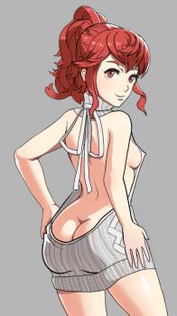 1girl anna_(fire_emblem) ass bare_back breasts butt_crack fire_emblem gluteal_fold hand_on_own_hip looking_at_viewer looking_back nintendo ponytail red_eyes red_hair sideboob simple_background small_breasts solo sunbeam_(artist) virgin_killer_sweater