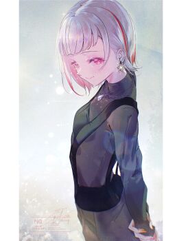 1girl absurdres arms_behind_back black_shirt closed_mouth commentary_request cowboy_shot earrings from_side grey_background grey_hair grey_pants hair_intakes hand_on_own_wrist highres jewelry kuzia_(atarayo) link!_like!_love_live! looking_at_viewer love_live! multicolored_hair pants pink_eyes red_hair shirt short_hair signature simple_background smile solo star_(symbol) star_earrings streaked_hair turtleneck turtleneck_shirt twitter_username virtual_youtuber watermark yugiri_tsuzuri yugiri_tsuzuri_(post-graduation)
