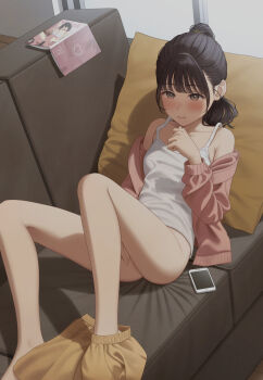 1girl armpit_crease between_legs black_hair blush book bottomless brown_shorts camisole cardigan cellphone closed_mouth collarbone commentary_request couch fingernails grey_eyes hand_between_legs highres implied_masturbation indoors knees_up living_room long_hair lying on_back on_couch on_pillow open_book open_cardigan open_clothes original phone pink_cardigan ponytail pornography shadow shorts shorts_around_ankles smartphone solo white_camisole window wispy_bangs yukiyama_momo