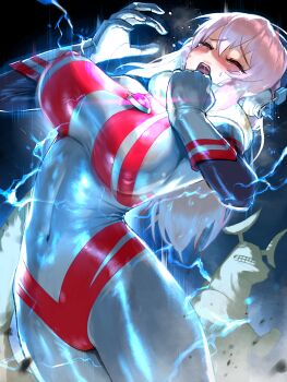 bodysuit breasts chest_jewel closed_eyes electrocution eleking giant giant_monster giantess headphones highres large_breasts long_hair magical_girl nikunopengin nitroplus pink_hair ryona skin_tight super_sonico tokusatsu ultra_series ultraman_suit_(hero's_comics) ultraseven_(series)