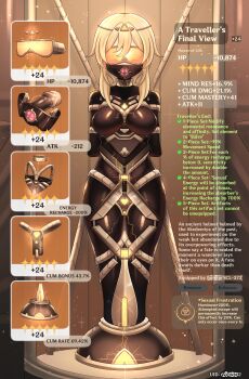 1girl absurdres bdsm blindfold bodysuit bondage bound chastity_belt dankestofdans dildo_gag gag genshin_impact highres immobilization lumine_(genshin_impact) original restrained shibari skin_tight solo stationary_restraints user_interface