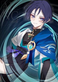 1boy anemo_symbol_(genshin_impact) arms_at_sides belt black_belt black_bodysuit black_bow black_shorts blue_cape blue_gem blue_kimono blue_sleeves blunt_ends bodysuit bow cape clothing_cutout commentary_request covered_collarbone dutch_angle eyeliner feathers gem genshin_impact glint grey_pupils hakama hakama_shorts highres hip_vent japanese_clothes juban kimono layered_sleeves looking_at_viewer makeup male_focus mandarin_collar night open_clothes open_kimono parted_lips pleated_shorts pom_pom_(clothes) purple_eyes purple_hair purple_rope purple_sash red_eyeliner rope ruta_nico2 sash scaramouche_(genshin_impact) short_sleeves shorts shoulder_peek solo star_trail tassel tsurime vision_(genshin_impact) wanderer_(genshin_impact) watermark white_kimono white_mouth white_sleeves white_trim wind yellow_feathers