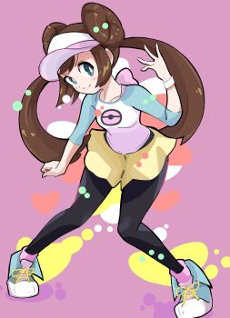 1girl black_pantyhose blue_eyes blue_shoes bright_pupils brown_hair closed_mouth collarbone commentary double_bun full_body hair_bun hand_up highres long_hair nintendo pantyhose pink_socks pokemon pokemon_black_2_and_white_2 raglan_sleeves rosa_(pokemon) shirt shoes shorts sidelocks smile socks solo tabo_(tabokicchan) three-quarter_sleeves twintails white_pupils yellow_shorts