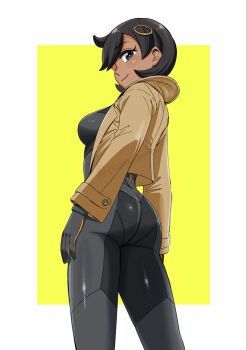 1girl :3 ass black_hair blush bodysuit border cowboy_shot emma_(pokemon) from_below highres jacket looking_at_viewer looking_back medium_hair nintendo pokemon pokemon_legends:_z-a smile solo tsuou_minmin white_border yellow_background