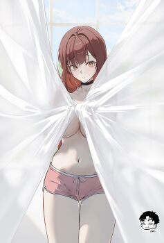 1girl absurdres black_choker breasts choker commentary covering_breasts covering_privates curtain_grab curtains danny_marx dolphin_shorts goddess_of_victory:_nikke highres indoors large_breasts long_hair navel official_alternate_costume pink_shorts rapi_(nikke) rapi_(red_hood)_(cherished_red)_(nikke) rapi_(red_hood)_(nikke) red_eyes red_hair shorts solo stomach thighs topless_female very_long_hair