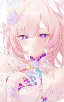 Rule 34 | 1girl, absurdres, bare shoulders, breasts, commentary, cyrene (honkai: star rail), cyrene (ripples of past reverie) (honkai: star rail), diamond-shaped pupils, diamond (shape), dress, flower, hair flower, hair ornament, highres, honkai: star rail, honkai (series), large breasts, long hair, looking at viewer, pink hair, pointy ears, purple eyes, saki okashilove, simple background, smile, solo, symbol-only commentary, symbol-shaped pupils, upper body, white background, white dress
