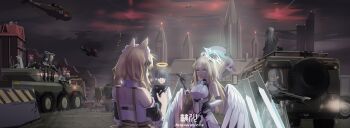 6+girls absurdres aircraft animal_ears armored_personnel_carrier armored_vehicle assault_rifle black_hair blonde_hair blue_archive blue_eyes building cat_ears character_request flares_(countermeasure) frills gun halo helicopter highres miliki motor_vehicle multiple_girls rifle weapon white_hair wings yellow_eyes zbl-08