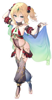 1girl arabian_clothes blonde_hair blush breasts circlet clothing_request dancer green_eyes green_shawl harem_outfit highres idolmaster idolmaster_cinderella_girls idolmaster_cinderella_girls_u149 jewelry matanonki sakurai_momoka shawl short_hair smile