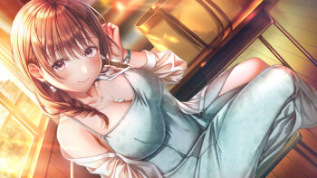 1girl adjusting_hair aqua_dress artist_request bag braid breasts brown_eyes brown_hair cleavage closed_mouth commentary_request dress dutch_angle earrings highres jewelry koga_nozomi large_breasts looking_at_viewer necklace official_art seifuku_kanojo seifuku_kanojo_2 sitting smile solo watch wristwatch