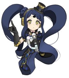 Rule 34 | 1girl, black dress, black gloves, black hat, blue hair, braid, braided bangs, commentary request, cropped legs, dress, garara s leep, gloves, hands up, hat, head chain, headphones, holding, holding microphone, idol clothes, idol time pripara, index finger raised, kumanisu, long hair, looking at viewer, microphone, mini hat, open mouth, pretty series, pripara, simple background, solo, symbol-shaped pupils, third-party source, twintails, very long hair, white background, yellow eyes