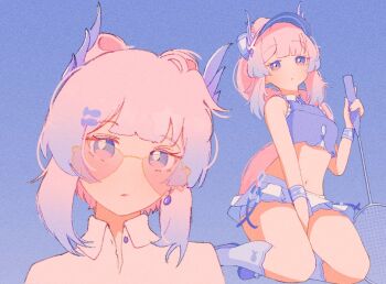 1girl alternate_costume alternate_hairstyle blue_background blunt_bangs bow-shaped_hair cinnie_kinnie crop_top fish_hair_ornament genshin_impact hair_ornament long_hair looking_at_viewer multicolored_eyes multicolored_hair multiple_views pink_eyes pink_hair purple_eyes racket sangonomiya_kokomi sangonomiya_kokomi_(pulse+) shirt simple_background skirt sleeveless sportswear sunglasses tennis tennis_racket tennis_uniform tinted_eyewear very_long_hair