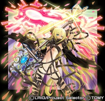 1girl belt belt_bra black_background black_belt black_cape blonde_hair blue_eyes breasts cape copyright_notice holding holding_sword holding_weapon long_hair looking_at_viewer moreshan navel official_art revealing_clothes small_breasts solo sword umr_(wixoss) underboob weapon wixoss