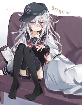 1boy 1girl artist_name black_thighhighs blush closed_mouth commentary_request couch grey_eyes headpat hibiki_(kancolle) highres kantai_collection lying_on_lap r_you_yabai school_uniform serafuku thighhighs thighs white_hair