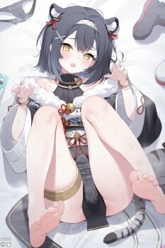 Rule 34 | 1girl, amber (playful innocence) (stella sora), amber (stella sora), animal ear fluff, animal ears, barefoot, bed sheet, black dress, black hair, blush, boots, bracelet, cellphone, center-flap bangs, china dress, chinese clothes, claw pose, commentary, deyui, double-parted bangs, dress, feet, flip phone, fur-trimmed dress, fur trim, hair ornament, hairclip, highres, jewelry, looking at viewer, lying, messy hair, official alternate costume, on back, open mouth, panties, pelvic curtain, phone, short hair, soles, solo, stella sora, tail, teeth, thighlet, tiger ears, tiger tail, toes, underwear, unworn boots, unworn panties, upper teeth only, x hair ornament, yellow eyes