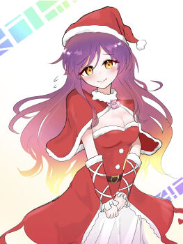 1girl belt blonde_hair breasts brown_belt capelet christmas cleavage commentary_request danom dress fur-trimmed_capelet fur_trim hat highres hijiri_byakuren long_hair looking_at_viewer multicolored_hair purple_hair red_capelet red_dress red_hat santa_costume santa_hat smile solo touhou two-tone_hair yellow_eyes