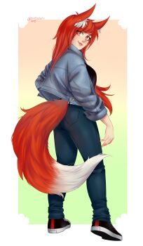 2018 absurdres animal_ears black_shoes blue_jacket blue_pants breasts brown_eyes commentary denim denim_jacket english_commentary eyes_visible_through_hair fox_ears fox_girl fox_tail from_behind full_body highres jacket jeans large_breasts long_hair looking_back orange_hair original pants shoes signature sintastein smile tail