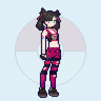 1girl arm_tattoo black_choker black_gloves black_hair castlebear choker earrings full_body gloves green_eyes hair_ribbon jewelry marnie_(pokemon) nintendo official_alternate_costume pants pixel_art pokemon pokemon_swsh ribbon shoes solo sports_bra standing tattoo torn_clothes torn_pants twintails
