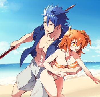 0nodera 1boy 1girl abs ahoge arm_around_waist bikini blue_hair breasts cleavage commentary_request cu_chulainn_(fate) cu_chulainn_(fate/prototype) earrings fate/grand_order fate_(series) fujimaru_ritsuka_(female) fujimaru_ritsuka_(female)_(brilliant_summer) gae_bolg_(fate) grey_shorts hair_between_eyes holding holding_polearm holding_weapon jewelry large_breasts looking_ahead one_side_up open_mouth orange_hair outdoors polearm ponytail red_eyes shore shorts striped_bikini striped_clothes swimsuit toned toned_male weapon