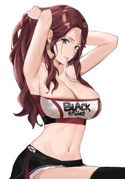 1girl armpits arms_behind_head arms_up bandeau bare_shoulders black_skirt black_thighhighs breasts brown_hair cleavage clothes_writing collarbone dorothea_arnault dorothea_arnault_(timeskip) earrings fire_emblem fire_emblem:_three_houses green_eyes highres j@ck jewelry large_breasts long_hair looking_at_viewer mouth_hold navel nintendo parted_bangs simple_background skirt strapless sweat thighhighs thighs tube_top tying_hair white_background