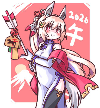 Rule 34 | 1girl, 2026, animal ears, arrow (projectile), black thighhighs, blonde hair, blush, china dress, chinese clothes, commentary request, dated, dress, elbow gloves, gloves, hair ornament, hamaya, headgear, highres, holding, holding arrow, kugelschreiber, long hair, looking at viewer, new year, original, ponytail, red eyes, smile, solo, tail, thighhighs, white dress, white gloves