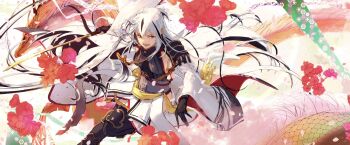 1girl armor black_gloves black_hair dragon eastern_dragon fate/grand_order fate_(series) flower gloves half_updo highres holding holding_sword holding_weapon japanese_armor katana kikkoumon long_hair mikotoba-kaede multicolored_hair nagao_kagetora_(fate) partially_fingerless_gloves sash shoulder_armor sode solo streaked_hair sword two-tone_hair very_long_hair weapon white_hair yellow_eyes yellow_sash