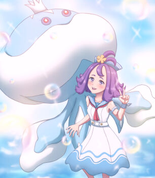 Rule 34 | 1girl, acerola (pokemon), acerola (summer 2024) (pokemon), blue sailor collar, blue skin, blush, collarbone, colored skin, dress, forest (simise), gen 5 pokemon, highres, jellicent, jellicent (male), nintendo, official alternate costume, pokemon, pokemon (creature), pokemon masters ex, purple eyes, purple hair, sailor collar, smile, tentacles, topknot, v, white dress