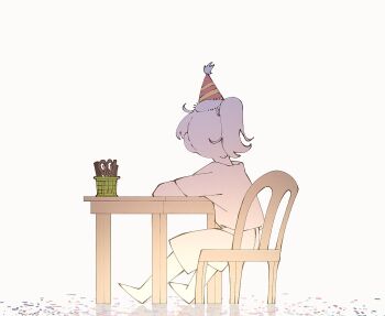 1girl artist_self-insert chair commentary confetti english_commentary hat highres ling_(chaaaaanhikari) long_hair original party_hat ponytail scissors shirt shorts simple_background sitting solo table white_background