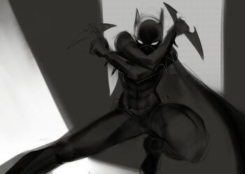 Rule 34 | 1girl, batarang, batgirl, batman (series), batman symbol, black bodysuit, black cape, black gloves, blank eyes, bodysuit, cape, cassandra cain, commentary, covered abs, dc comics, english commentary, gloves, greyscale, monochrome, psuede, solo, superhero costume, white eyes