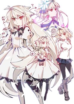 4girls aged_down animal_ear_fluff animal_ears antenna_hair archetype_earth archetype_earth_(third_ascension) arcueid_brunestud arms_behind_back bare_shoulders black_bow black_pantyhose blonde_hair blue_ribbon blue_skirt blush boots bow breasts brown_boots buttons carrying carrying_person cat_ears cat_girl chibi chibi_inset cleavage closed_eyes commentary_request detached_collar detached_sleeves dress eco-arc fate/grand_order fate_(series) flower frilled_dress frilled_sleeves frills glowing glowing_hair hair_between_eyes hair_flower hair_intakes hair_ornament hair_ribbon hand_on_own_chest highres jewelry long_hair looking_at_another looking_at_viewer miniskirt multiple_girls multiple_persona necklace neco-arc notice_lines numuhe pantyhose plaid_clothes plaid_skirt red_eyes ribbon sidelocks skirt smile standing sweater time_paradox translation_request tsukihime tsukihime_(remake) turtleneck turtleneck_sweater very_long_hair white_dress white_flower white_sleeves white_sweater