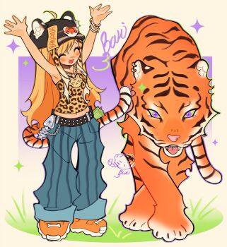 1girl ^_^ animal animal_ears animal_print arms_up artist_self-insert banknote belt black_hat blue_pants chain chain_necklace closed_eyes commentary english_commentary fish_skeleton gyaru hat highres jewelry leopard_print midriff mitsutadaki money navel necklace orange_shoes original pants shoes sneakers solo tail tiger tiger_ears tiger_girl tiger_tail wallet_chain