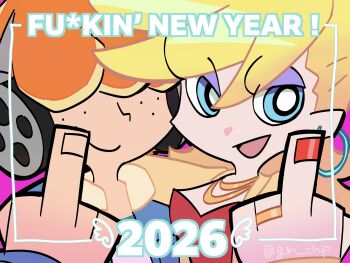 1boy 1girl 2026 blonde_hair blue_eyes blue_jacket breasts brief_(psg) censored_profanity cleavage couple dress earrings english_text freckles gm_chp hair_over_eyes happy happy_new_year headphones highres hoop_earrings jacket jewelry long_hair looking_at_viewer middle_finger multicolored_hair new_year official_style open_mouth orange_hair panty_&amp;_stocking_with_garterbelt panty_(psg) profanity purple_background red_dress red_nails shirt short_hair smile two-tone_hair white_shirt