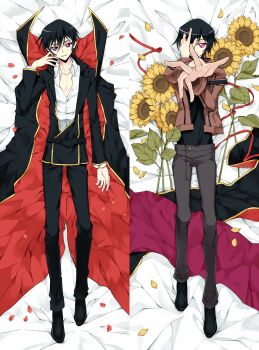absurdres aweto black_cape black_hair brown_jacket cape code_geass commentary_request dakimakura_(medium) flower formal_clothes full_body gold_trim highres jacket lelouch_vi_britannia pants pectoral_cleavage pectorals pink_eyes purple_eyes short_hair skinny skinny_legs smile suit sunflower two-sided_cape two-sided_fabric