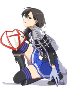 1girl aqua_eyes arm_at_side armor artist_name belt black_belt black_boots black_hair black_jacket black_thighhighs blue_skirt boots capelet closed_mouth from_side gloves grey_gloves hair_behind_ear hair_between_eyes hair_over_shoulder hand_up heel_up highres holding holding_shield ikutsu jacket knee_boots lace-up_boots long_hair long_sleeves looking_at_viewer looking_to_the_side miniskirt multicolored_jacket on_one_knee pauldrons profile see-through_capelet see-through_clothes shadow shield shoujo_kageki_revue_starlight shoulder_armor sideways_glance simple_background single_horizontal_stripe skirt solo striped_clothes striped_skirt striped_thighhighs studded_belt thighhighs two-tone_jacket v-shaped_eyebrows waist_cape white_background white_jacket yanagi_koharu