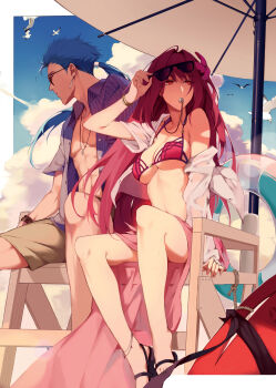 Rule 34 | 1boy, 1girl, absurdres, alternate costume, anklet, averting eyes, beach, beach umbrella, bikini, bird, blue hair, blue sky, bracelet, breasts, buoy, chair, cloud, cloudy sky, cu chulainn (fate), cu chulainn (lancer) (fate), day, earrings, fate/grand order, fate (series), flower, hair flower, hair intakes, hair ornament, hibiscus, highres, jacket, jewelry, large breasts, lifeguard chair, looking away, looking to the side, navel, off shoulder, open clothes, open shirt, pink bikini, ponytail, purple bikini, purple hair, red eyes, reroi, sandals, sarong, scathach (fate), scathach (fate/grand order), scathach (swimsuit assassin) (fate), seagull, shorts, sky, sunglasses, sweat, swimsuit, umbrella, whistle