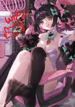 1girl animal_ear_hairband animal_ears bare_shoulders black_hair black_sleeves bow breasts can chair cleavage collarbone colored_inner_hair commentary controller detached_collar drink drinking_straw energy_drink fake_animal_ears feet fingernails fur-trimmed_sleeves fur_trim game_controller green_bow hair_bow hairband holding holding_can holding_controller holding_game_controller indoors knees_up leotard looking_at_viewer malsuk medium_breasts monster_energy multicolored_hair on_chair open_mouth pink_hair rabbit_ear_hairband rabbit_ears red_eyes rokudu_sariel short_twintails single_bare_foot single_thighhigh sitting solo strapless strapless_leotard thighhighs toes too_many_bows twintails unfinished white_leotard zenless_zone_zero