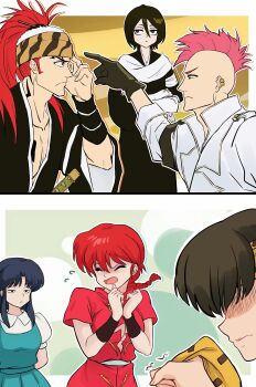 3boys 3girls :&lt; abarai_renji absurdres antatica11 aqua_dress arms_behind_back bazz-b black_gloves black_hair bleach bleach:_sennen_kessen-hen breasts chinese_clothes chinese_commentary commentary_request crossed_arms dress ear_piercing eyeliner frown gloves hair_between_eyes headband hibiki_ryouga high_ponytail highres japanese_clothes kuchiki_rukia large_breasts makeup multiple_boys multiple_girls piercing pointing ponytail puffy_short_sleeves puffy_sleeves purple_eyeliner ranma-chan ranma_1/2 red_hair scarf shaded_face shihakusho short_hair short_sleeves tendou_akane torn_clothes underboob white_scarf