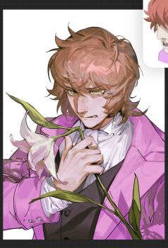 Rule 34 | 1boy, aquiline nose, art program in frame, black vest, brown hair, classicaloid, frederic chopin (classicaloid), green eyes, grimace, highres, jacket, long sleeves, looking ahead, male focus, messy hair, nose, octahooves, purple jacket, reference inset, shirt, short hair, tears, vest, white background, white lily, white shirt