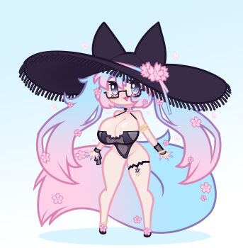 1girl blue_nails breasts cherry_blossoms commentary english_commentary fox_tail glasses highres indie_virtual_youtuber large_hat limebreaker long_hair looking_at_viewer multicolored_hair open_mouth purple_eyes short_twintails silvervale simple_background smile solo tail twintails