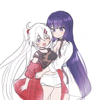 Rule 34 | 2girls, 5rwpvc, ahoge, black shirt, cowboy shot, dress, highres, honkai (series), honkai impact 3rd, hug, kiana kaslana, long hair, multiple girls, one eye closed, open mouth, purple eyes, purple hair, raiden mei, shirt, short shorts, shorts, simple background, white background, white dress, white hair, white shorts, yuri