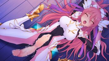Rule 34 | 1girl, arms up, blush, bodysuit, breasts, censored, closed eyes, cum, en ciel rena, en ciel rena (aegis), erection, from above, futanari, game cg, gloves, hair ribbon, high heels, kourin tenshi en ciel rena, large breasts, large variant set, long hair, lying, magical girl, mosaic censoring, navel, non-web source, official art, on back, on floor, open mouth, penis, pink hair, ribbon, saitou natsuki, self-datamine, skin tight, solo, spread legs, suhamaya, tomoe rena, torn bodysuit, torn clothes, variant set