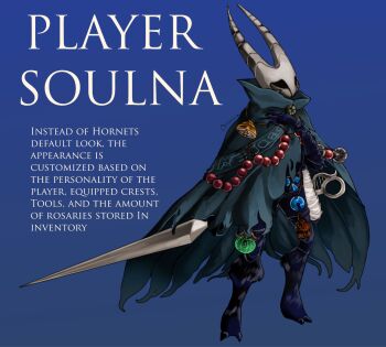 1girl alternate_costume arthropod_girl artist_name blue_cloak chiimira cloak commentary english_commentary english_text grey_mask highres holding holding_weapon hollow_eyes hollow_knight hollow_knight:_silksong horned_mask hornet_(hollow_knight) jewelry mask necklace needle_(hollow_knight) pendant rosary solo thread weapon