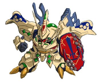 chibi clenched_hand crossover fusion green_eyes gun haou_taikei_ryuu_knight holding holding_shield kin-san_(sasuraiga) mecha muv-luv muv-luv_alternative no_humans robot science_fiction shield solo sword tactical_surface_fighter type_00_takemikazuchi weapon weapon_on_back white_background zephyr_(ryu_knight)