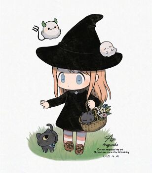 Rule 34 | 1girl, ayu (mog), basket, black cat, black dress, black hat, blue eyes, brown shoes, cat, chibi, chibi only, closed mouth, commentary, dated, dress, full body, ghost, grass, hat, highres, holding, holding basket, long hair, long sleeves, one-eyed, orange hair, original, pantyhose, red pantyhose, shoes, signature, simple background, solo, standing, striped clothes, striped pantyhose, watermark, white background, witch hat